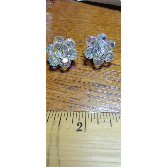 Estate Jewelry - Vintage Aurora Borealis Cluster Earrings Clip On Crystal Beads 1950s
